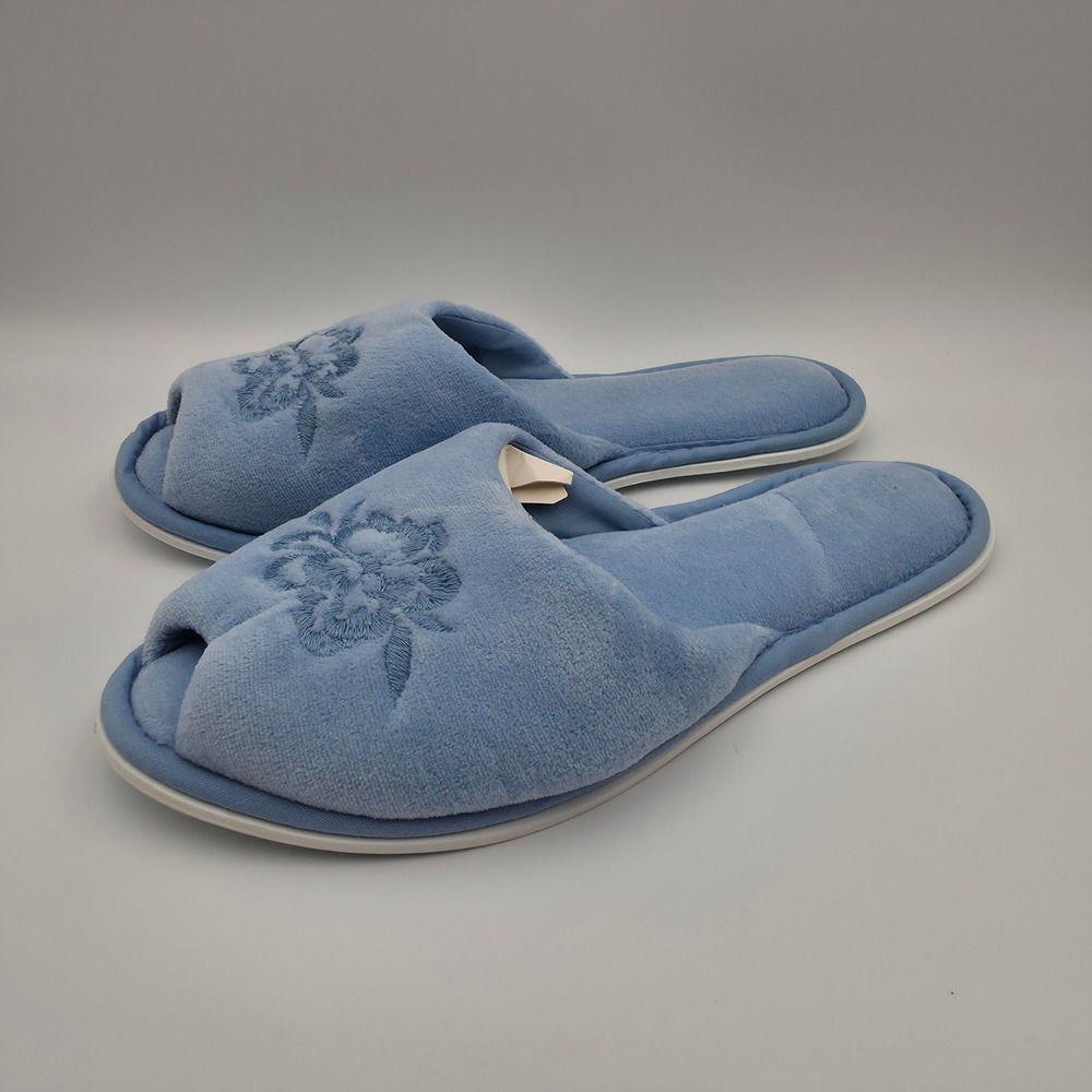 RG Barry Blue Velour Embroidered Floral Open Toe Slippers Medium 6.5-7.5 Vintage